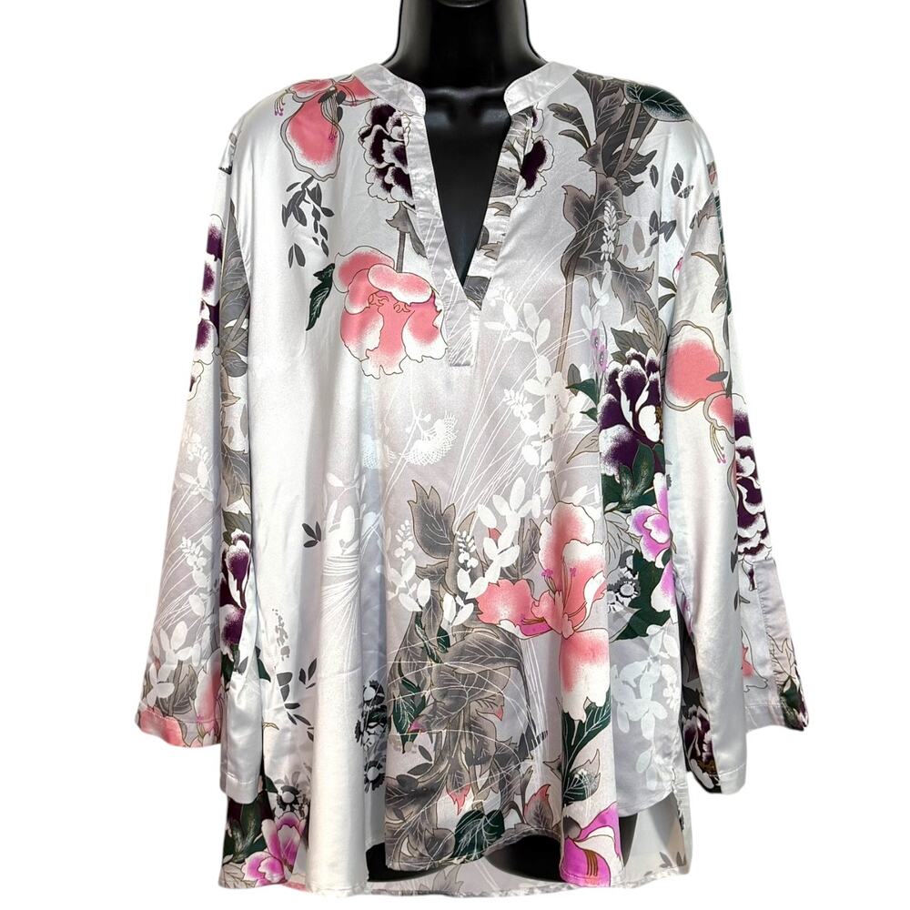 Natori XL Silver Grey Floral Satin Tunic Blouse Sleep Shirt V Neck Luxury Pajama